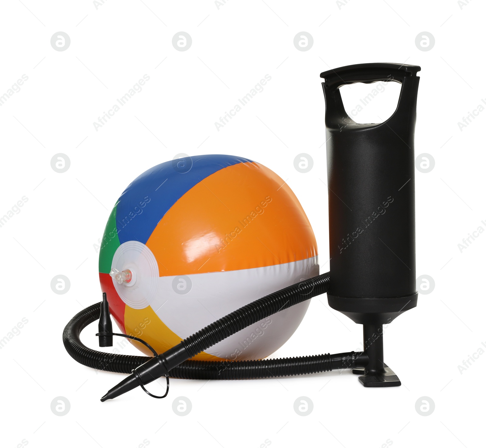 Inflatable ball and manual air pump isolated on white Photo of Inflatable ball and manual air pump isolated on white