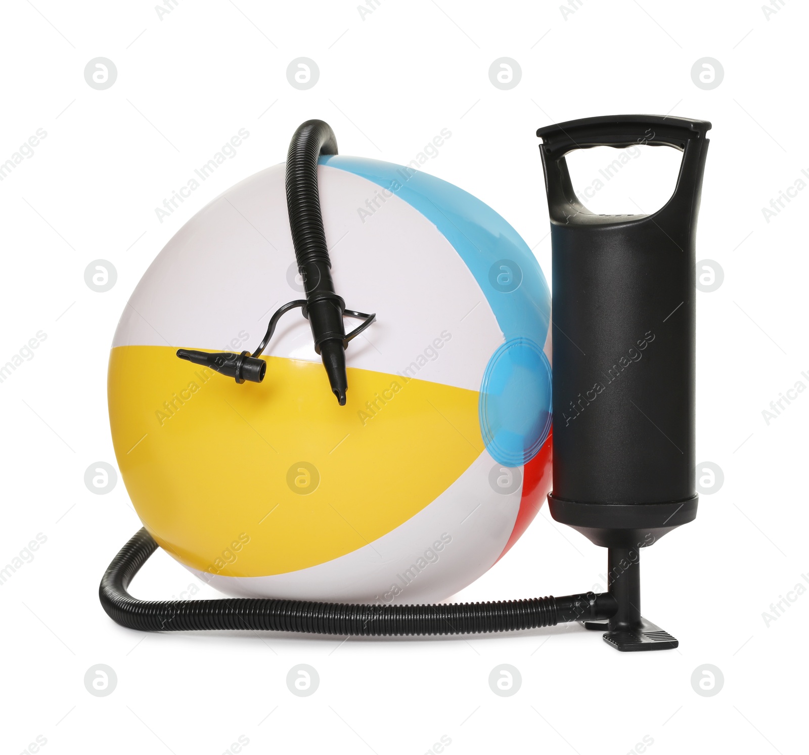 Inflatable ball and manual air pump isolated on white Photo of Inflatable ball and manual air pump isolated on white