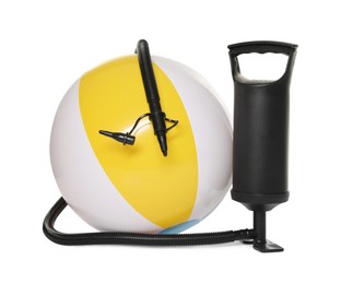 Photo of Inflatable ball and manual air pump isolated on white