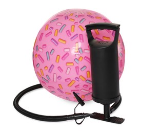 Photo of Inflatable ball and manual air pump isolated on white