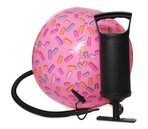 Photo of Inflatable ball and manual air pump isolated on white