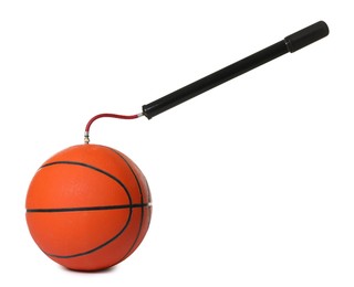 Photo of Basketball ball and manual air pump isolated on white