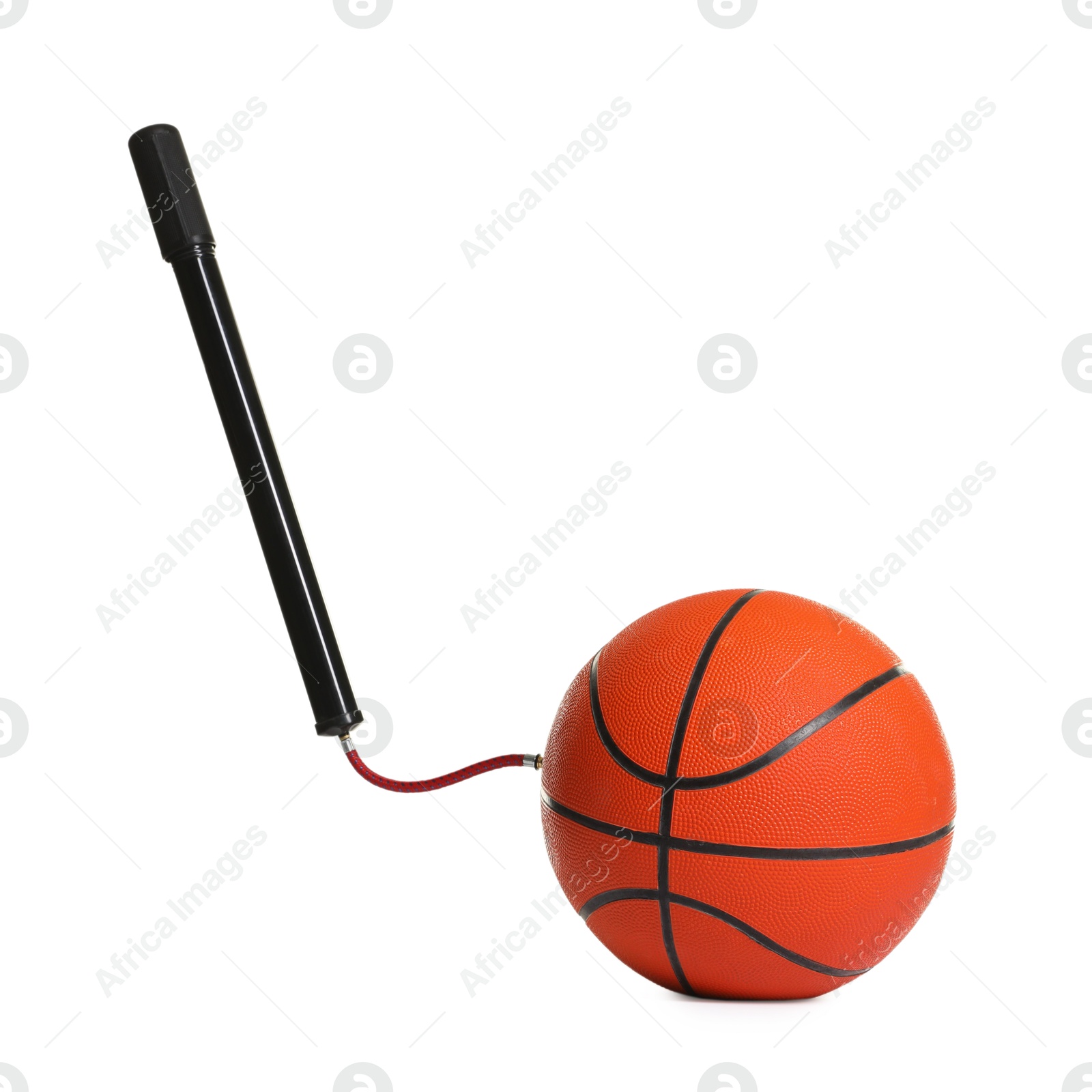 Basketball ball and manual air pump isolated on white Photo of Basketball ball and manual air pump isolated on white