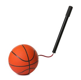 Photo of Basketball ball and manual air pump isolated on white