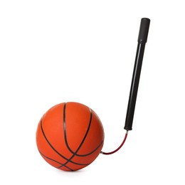 Photo of Basketball ball and manual air pump isolated on white