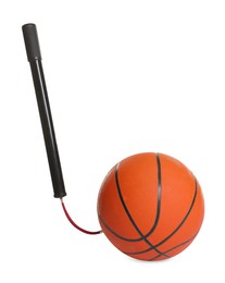 Photo of Basketball ball and manual air pump isolated on white