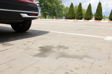 Photo of Stains of motor oil near car on paved road outdoors, closeup