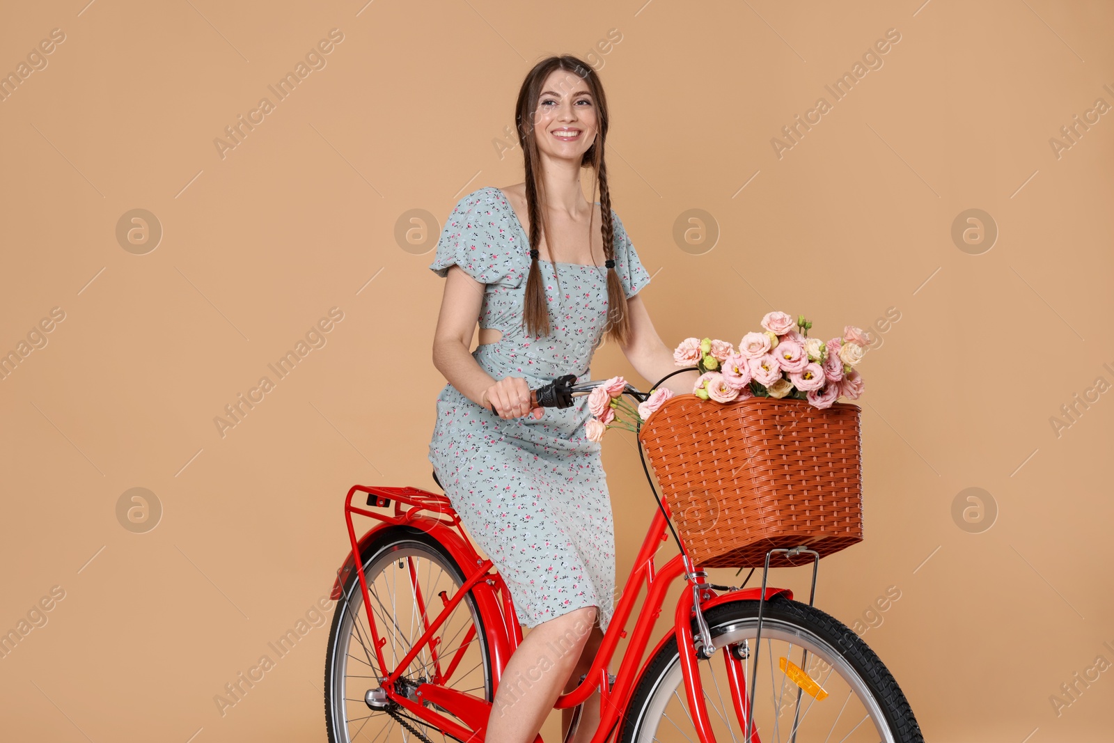 Smiling woman in dress riding bicycle with basket of flowers on beige background Photo of Smiling woman in dress riding bicycle with basket of flowers on beige background