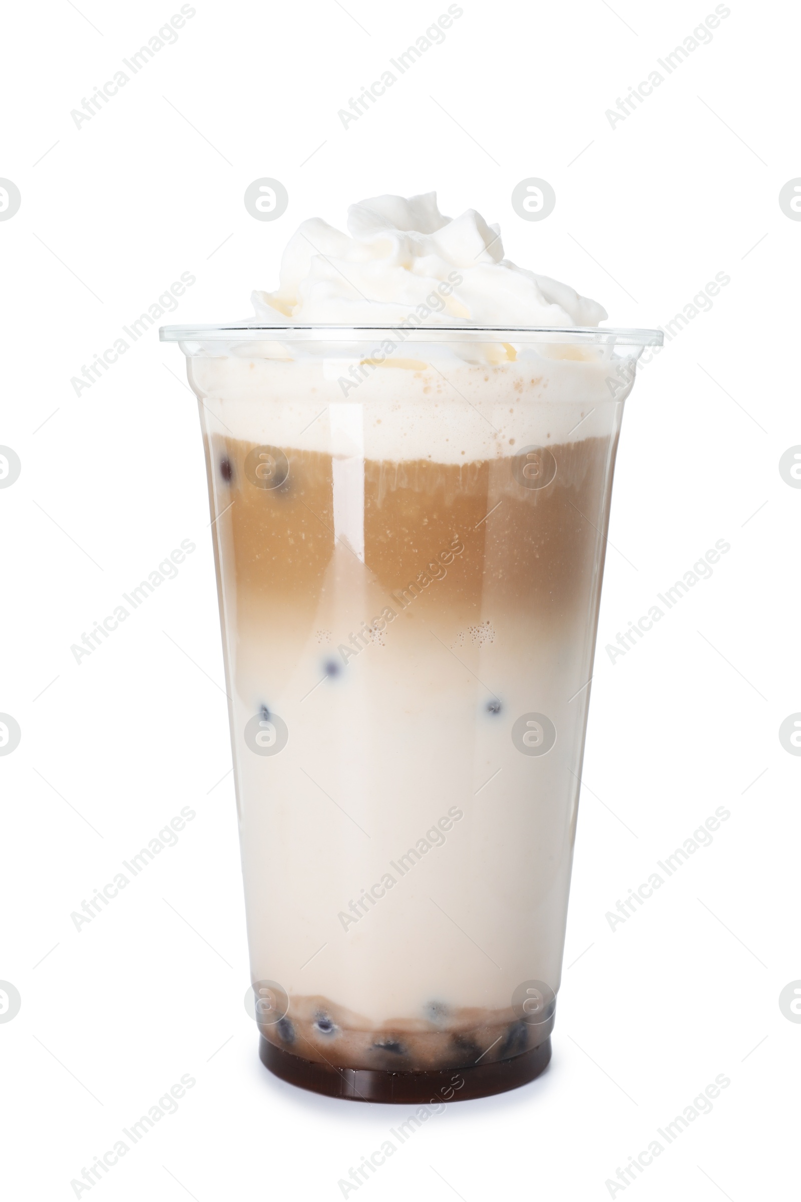 Tasty milk bubble tea in plastic cup isolated on white Photo of Tasty milk bubble tea in plastic cup isolated on white