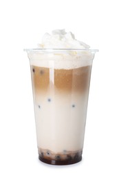 Photo of Tasty milk bubble tea in plastic cup isolated on white