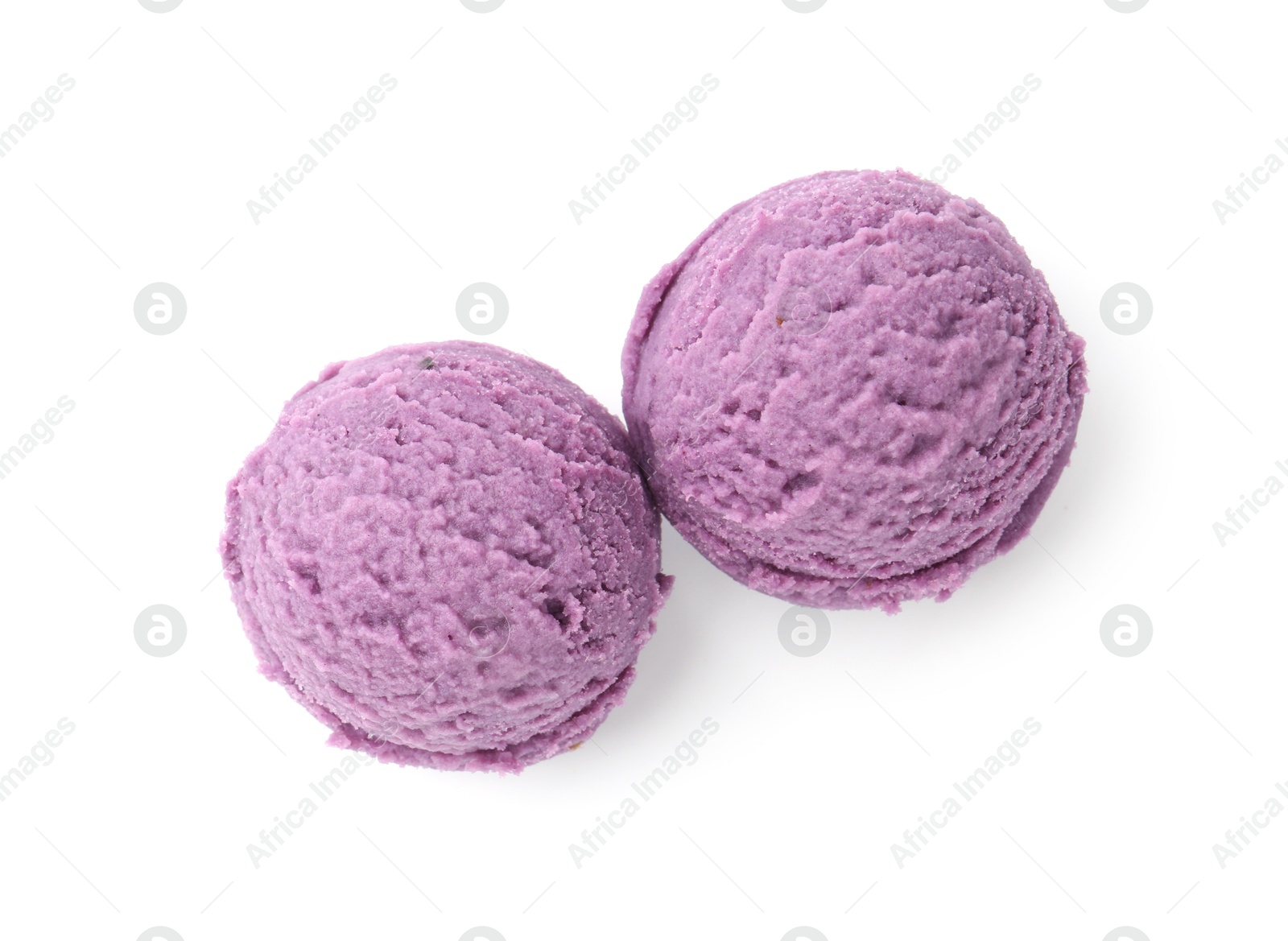 Balls of tasty blueberry sorbet isolated on white, top view Photo of Balls of tasty blueberry sorbet isolated on white, top view