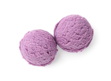 Photo of Balls of tasty blueberry sorbet isolated on white, top view