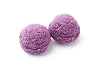 Photo of Balls of tasty blueberry sorbet isolated on white