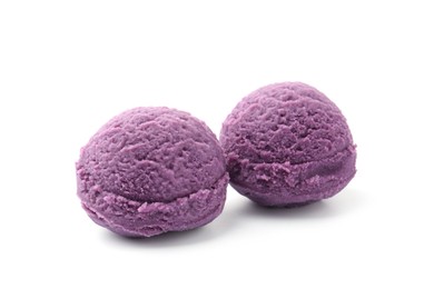 Photo of Balls of tasty blueberry sorbet isolated on white