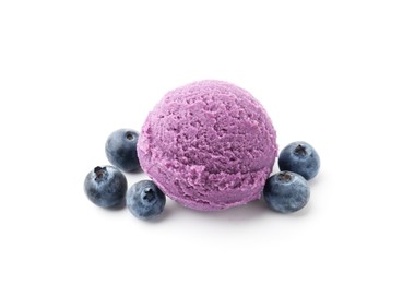 Photo of Tasty sorbet with blueberries isolated on white
