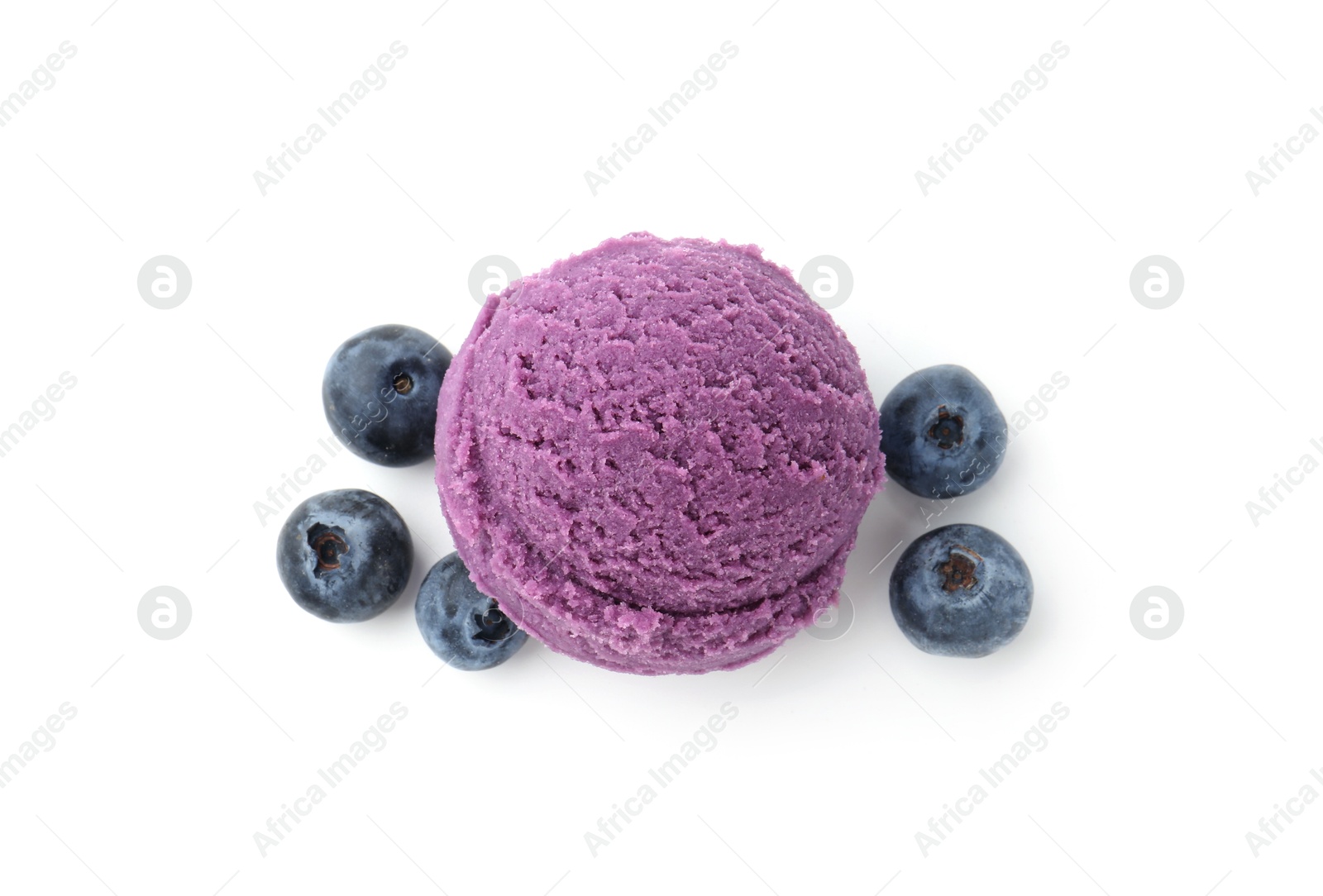 Photo of Tasty sorbet with blueberries isolated on white, top view
