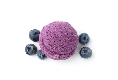 Photo of Tasty sorbet with blueberries isolated on white, top view
