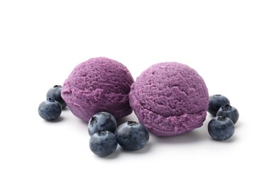 Photo of Tasty sorbet with blueberries isolated on white