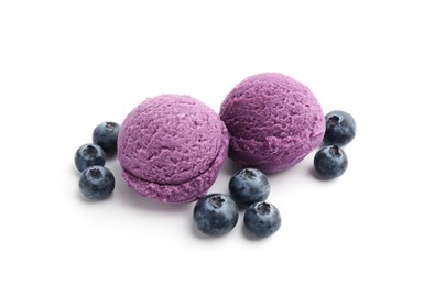 Photo of Tasty sorbet with blueberries isolated on white