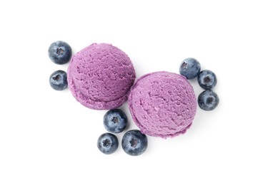 Photo of Tasty sorbet with blueberries isolated on white, top view
