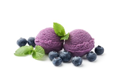 Photo of Tasty sorbet with blueberries and mint isolated on white