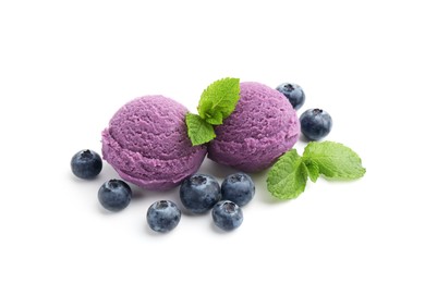 Photo of Tasty sorbet with blueberries and mint isolated on white
