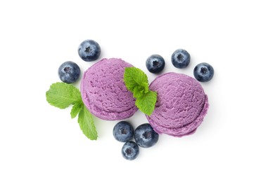 Photo of Tasty sorbet with blueberries and mint isolated on white, top view
