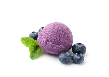 Photo of Tasty sorbet with blueberries and mint isolated on white