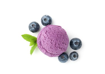Photo of Tasty sorbet with blueberries and mint isolated on white, top view