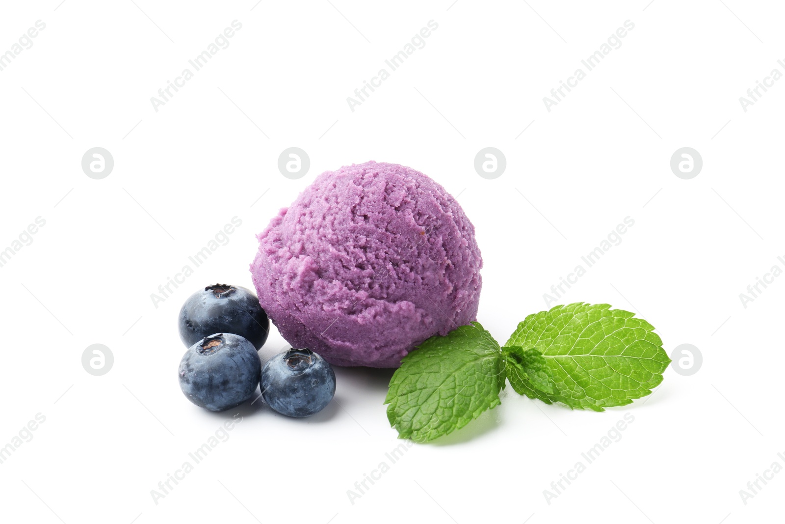 Photo of Tasty sorbet with blueberries and mint isolated on white