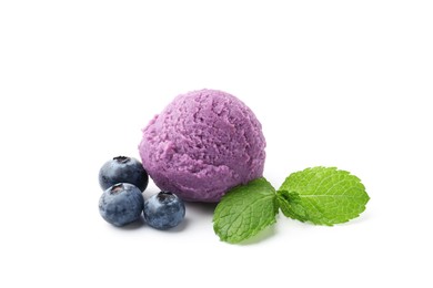Photo of Tasty sorbet with blueberries and mint isolated on white