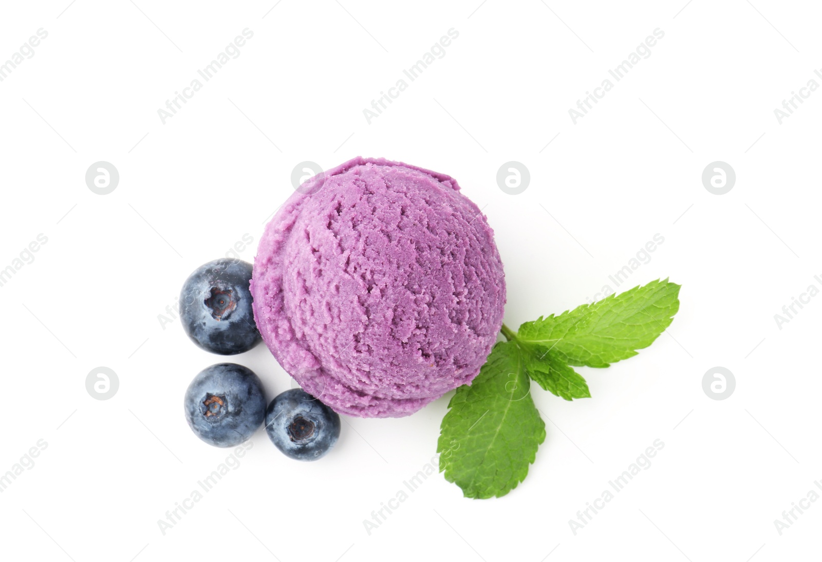 Tasty sorbet with blueberries and mint isolated on white, top view Photo of Tasty sorbet with blueberries and mint isolated on white, top view