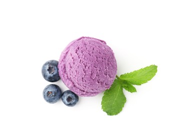Photo of Tasty sorbet with blueberries and mint isolated on white, top view