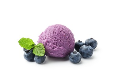 Photo of Tasty sorbet with blueberries and mint isolated on white