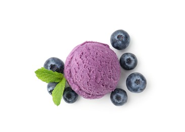 Photo of Tasty sorbet with blueberries and mint isolated on white, top view
