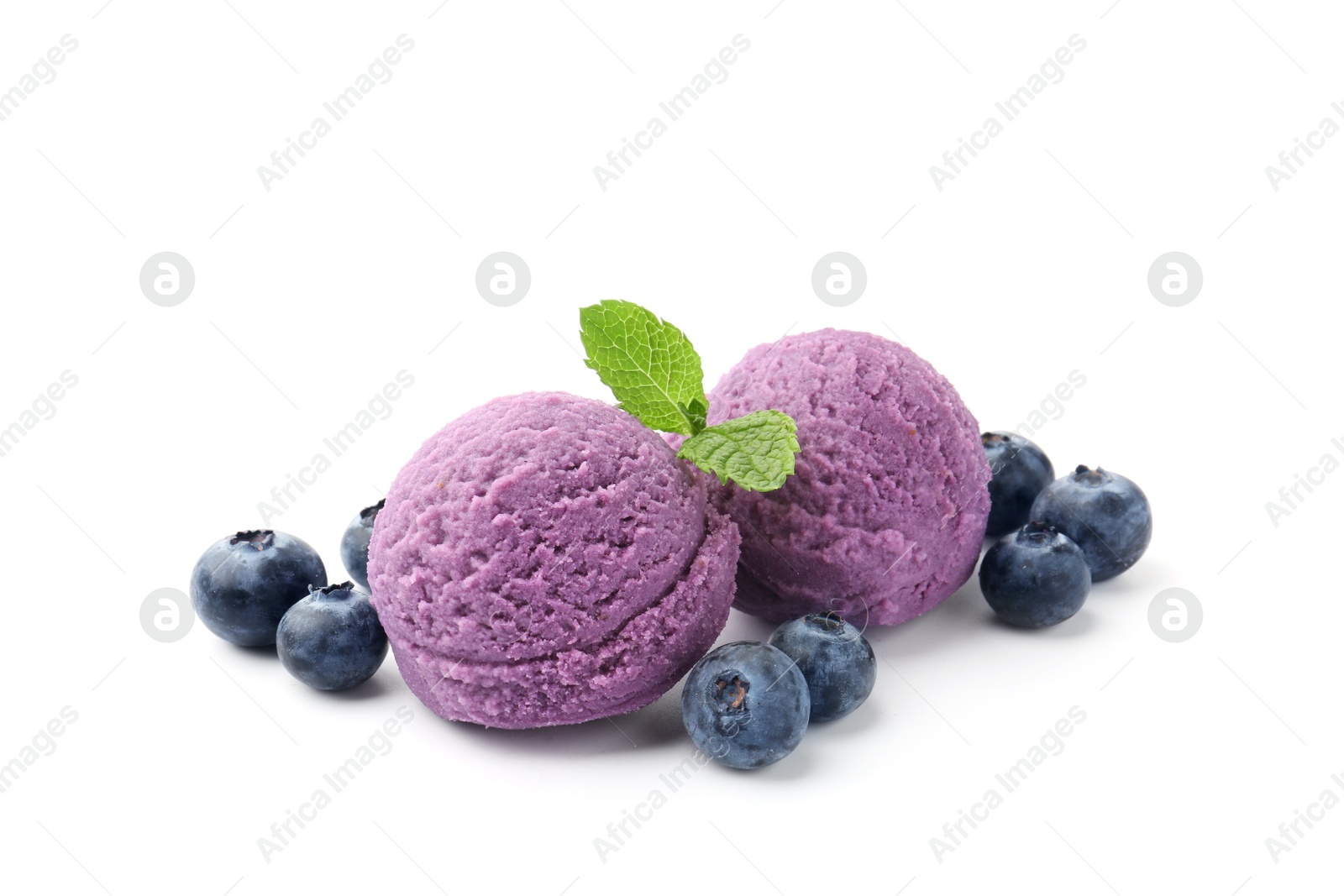 Photo of Tasty sorbet with blueberries and mint isolated on white