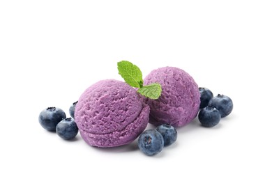Photo of Tasty sorbet with blueberries and mint isolated on white
