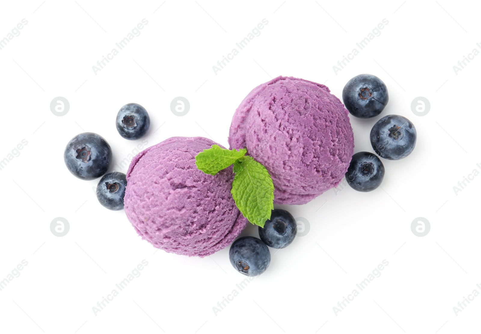 Tasty sorbet with blueberries and mint isolated on white, top view Photo of Tasty sorbet with blueberries and mint isolated on white, top view