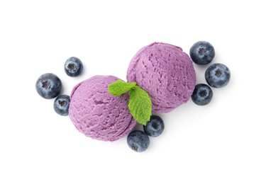 Photo of Tasty sorbet with blueberries and mint isolated on white, top view