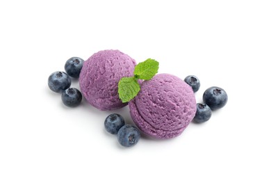 Photo of Tasty sorbet with blueberries and mint isolated on white