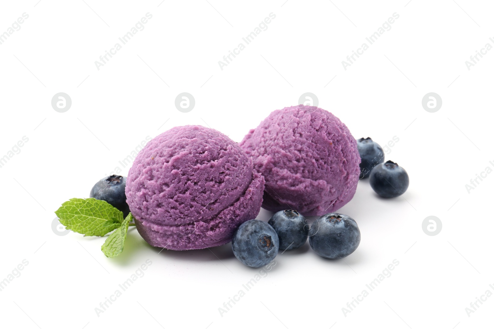 Tasty sorbet with blueberries and mint isolated on white Photo of Tasty sorbet with blueberries and mint isolated on white