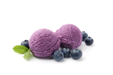 Photo of Tasty sorbet with blueberries and mint isolated on white