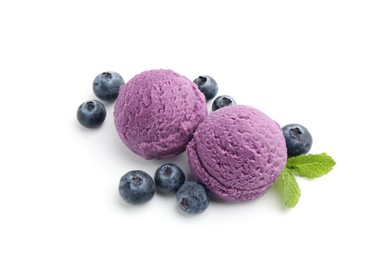 Photo of Tasty sorbet with blueberries and mint isolated on white