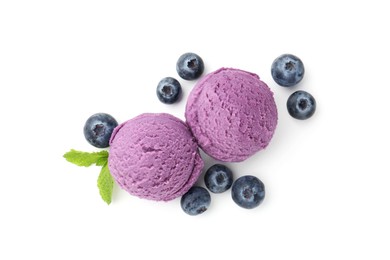 Photo of Tasty sorbet with blueberries and mint isolated on white, top view