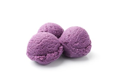 Photo of Balls of tasty blueberry sorbet isolated on white