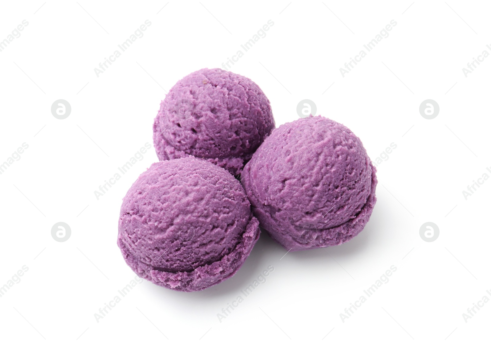 Balls of tasty blueberry sorbet isolated on white Photo of Balls of tasty blueberry sorbet isolated on white