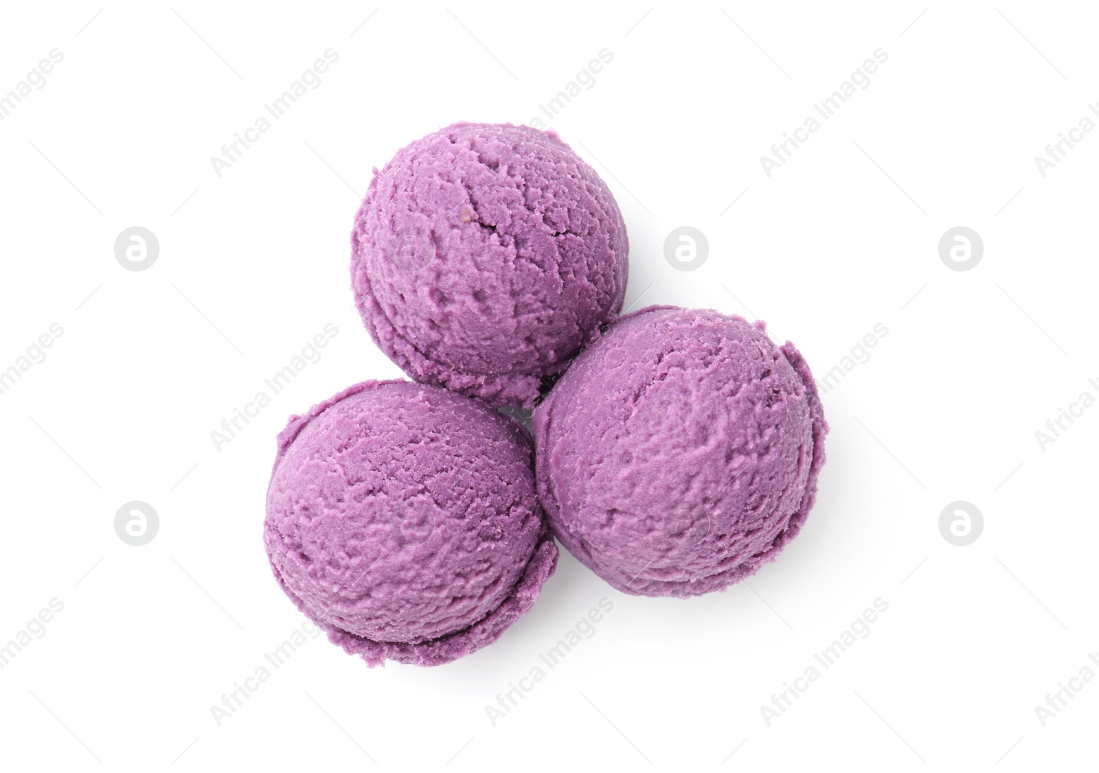 Balls of tasty blueberry sorbet isolated on white, top view Photo of Balls of tasty blueberry sorbet isolated on white, top view
