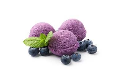 Photo of Tasty sorbet with blueberries and mint isolated on white