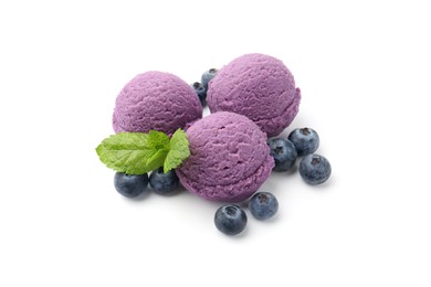 Photo of Tasty sorbet with blueberries and mint isolated on white