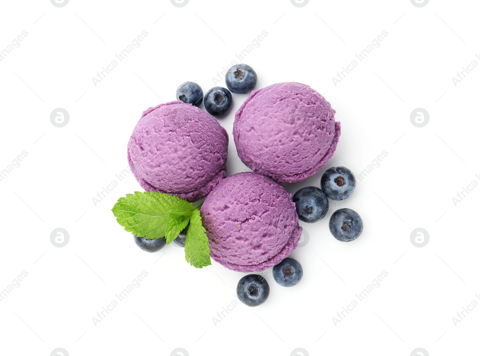 Tasty sorbet with blueberries and mint isolated on white, top view Photo of Tasty sorbet with blueberries and mint isolated on white, top view